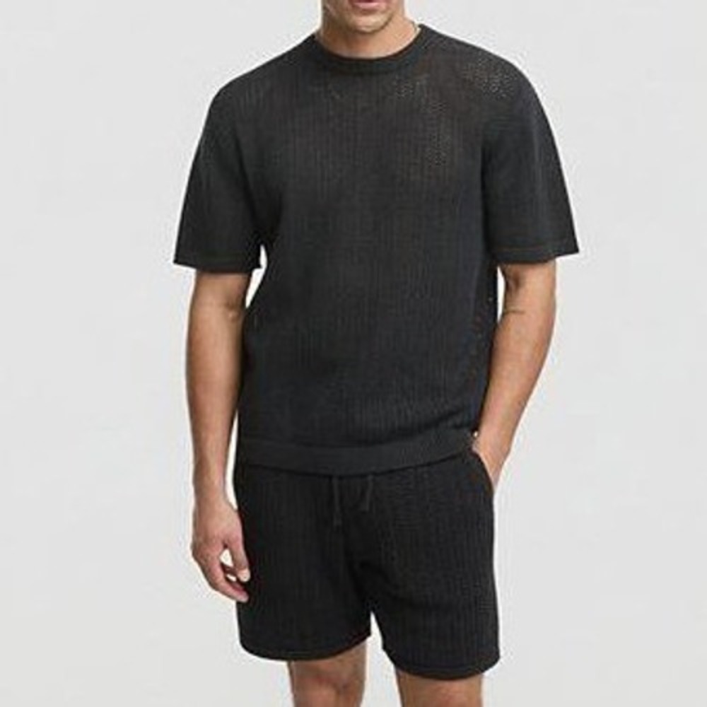 Mode of One Men's M Black Knit Sweater Shorts Set Cotton Nylon 2 Piece
